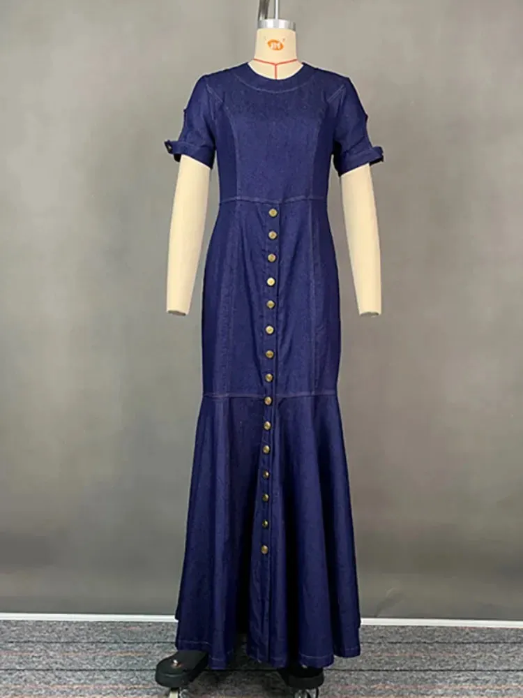 TAVIMART  -  Korean Fashion Denim Blue Bodycon Long Dresses Women Summer Short Sleeves Buttoned O-Neck Casual Commute Office Dress